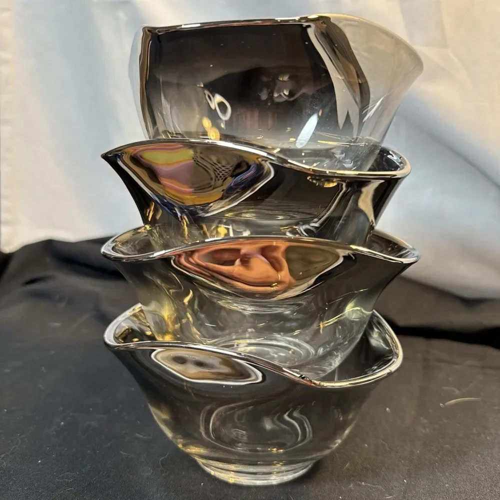 Vintage MCM‎ Silver Fade Glass Bowls (4) Serving Salad Bowl Retro 70's Tableware